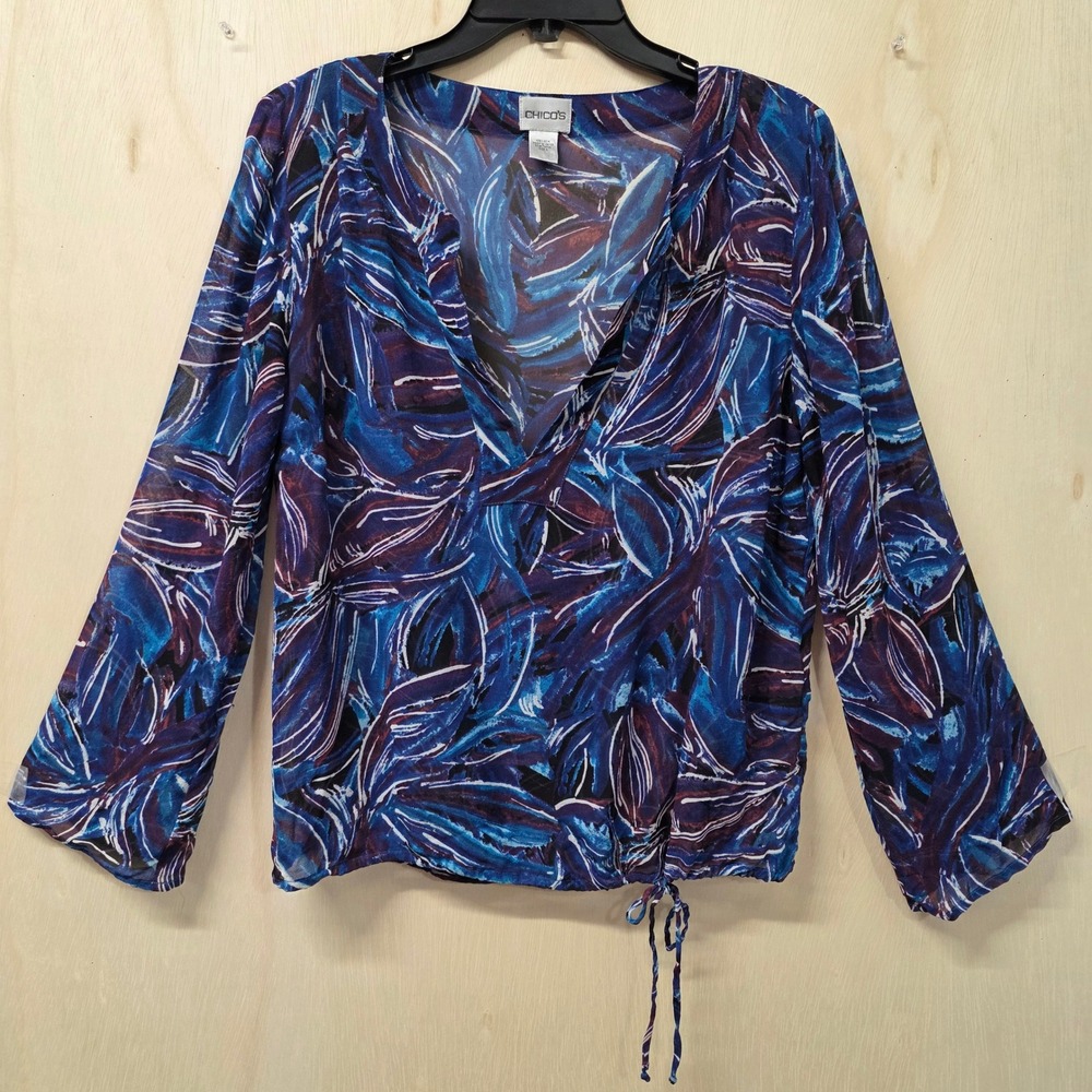 Chico's 100% Silk Blue Purple Abstract Leaf Print Drawstring Blouse Women's 0